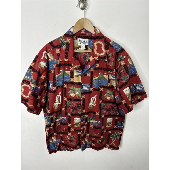 Hawaiian Aloha Shirt Howie Red Humpback Whale Palm Made in Hawaii Men's XL - Picture 1 of 5